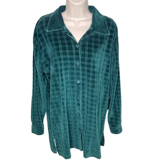 Vintage Womens Green Velet Velour Button Up Long Sleeve Top u Flaw Size Medium - Picture 1 of 8
